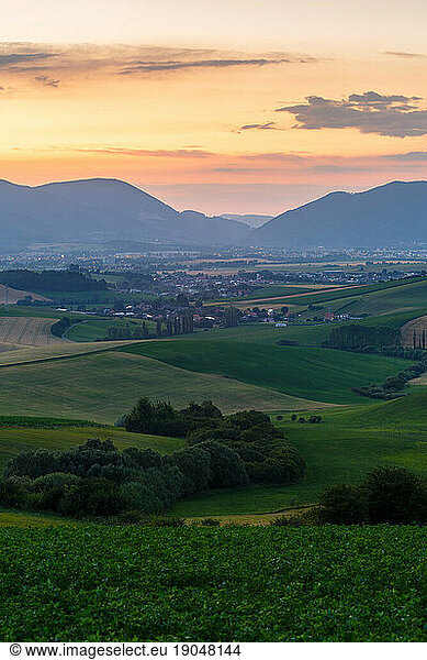 Rural landscape with fields and villages in Turiec region  Slovakia.