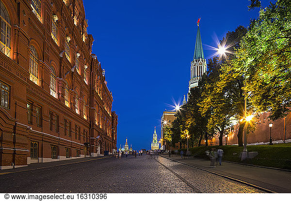 Russia  Central Russia  Moscow  Red Square  Kremlin wall  State Historical Museum and Nikolskaya Tower  Blue hour