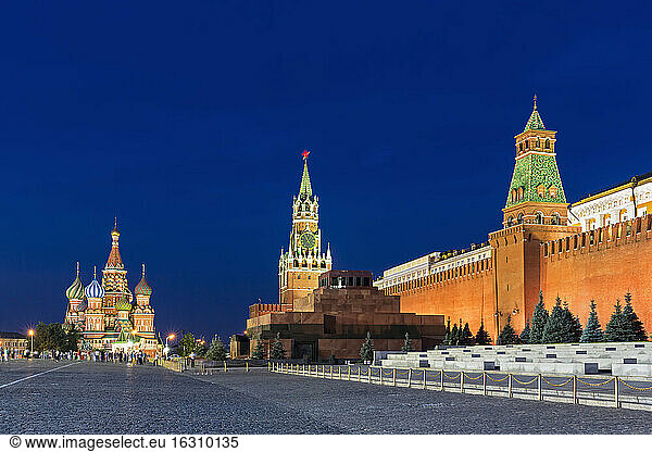 Russia  Central Russia  Moscow  Red Square  Saint Basil's Cathedral  Kremlin Wall  Kremlin Senate  Senate Tower  Spasskaya Tower and Lenin's Mausoleum in the evening