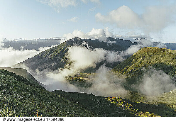 Russia  Krasnodar Krai  Clouds over peaks in Caucasus Nature Reserve