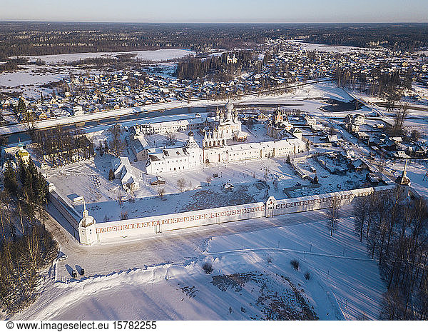 Russia  Leningrad Region  Tikhvin  Aerial view of Tikhvin Assumption Monastery in Winter