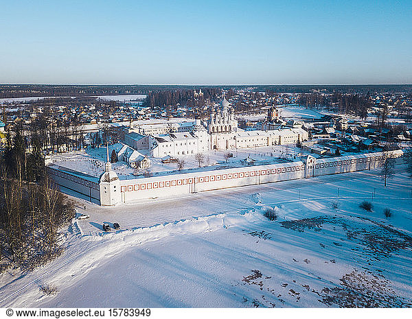 Russia  Leningrad Region  Tikhvin  Aerial view of Tikhvin Assumption Monastery in Winter