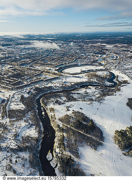 Russia  Leningrad Region  Tikhvin  Aerial view of Tikhvinka river and city in Winter
