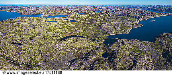Russia  Murmansk Oblast  Teriberka  Aerial panorama of coastal landscape