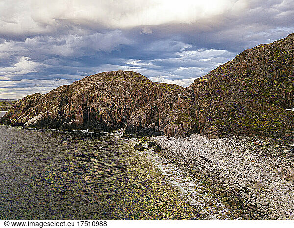 Russia  Murmansk Oblast  Teriberka  Aerial view of coastal hills and rocky beach of Barents Sea