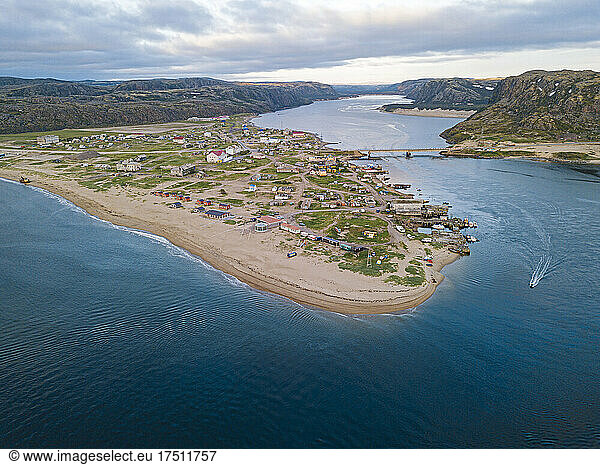 Russia  Murmansk Oblast  Teriberka  Aerial view of village on shore of Barents Sea