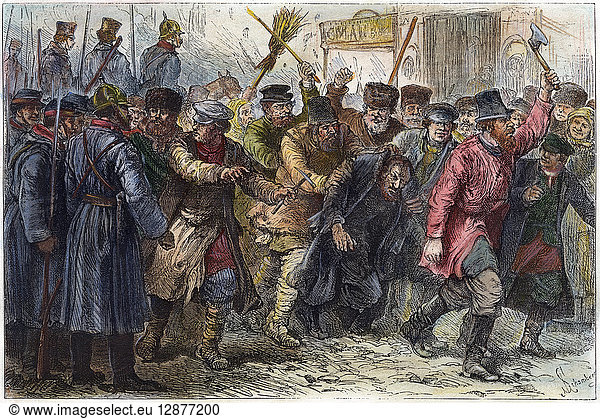 RUSSIA: POGROM  1881. 'Assault on a Jew in the presence of the military  at Kiev.' Color engraving  1881.