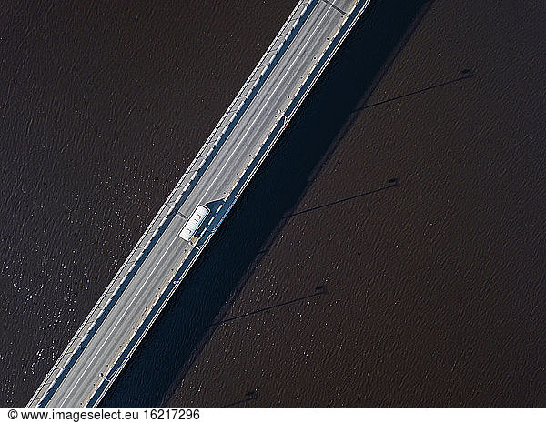 Russia  Republic of Karelia  Sortavala  Aerial view of bridge stretching across Lake Ladoga