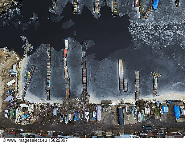 Russia  Saint Petersburg  Sestroretsk  Aerial view of boats left along frozen shore of Gulf of Finland