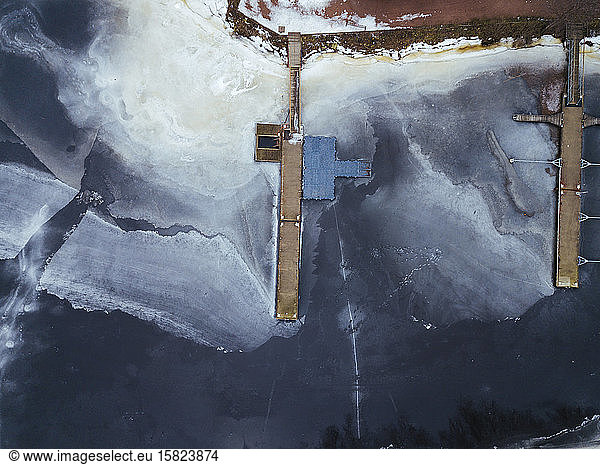 Russia  Saint Petersburg  Sestroretsk  Aerial view of two jetties on frozen shore of Gulf of Finland