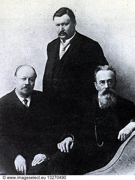 Russian composers: left to right; Liadov  Glazunov and Rimsky-Korsakoff 1904