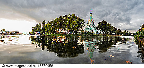 Russian Orthodox Church in Strasbourg. Reflection in water.