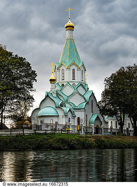 Russian Orthodox Church in Strasbourg. Reflection in water.