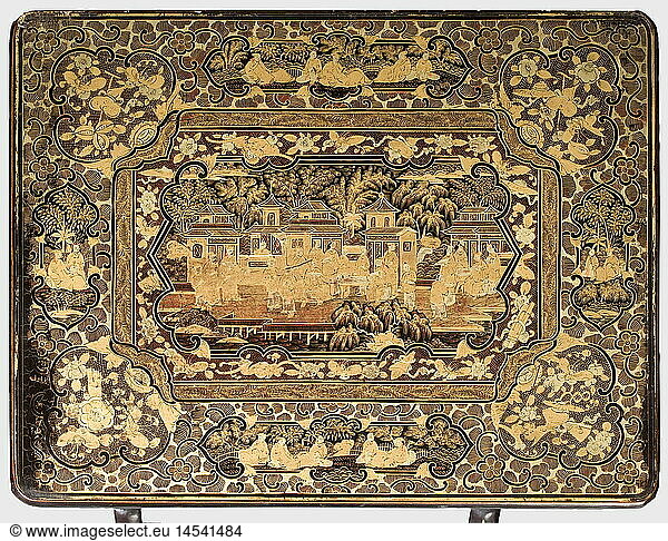 RUSSIAN SALE  Drei Beistelltische aus dem asiatischen Zimmer  um 1840/50 Weichholz  schwarz lackiert und in chinesischer  zweifarbiger Goldmalerei fein verziert. Auf den Tischplatten verschiedene Ansichten von Palastanlagen  umrahmt von Kartuschen mit Personenstaffage und Blumendekor. Durchbrochene  en suite bemalte FÃ¼ÃŸe. Die Tische ineinanderschiebbar und in unterschiedlichen GrÃ¶ÃŸen. MaÃŸe 70 x 50 x 30 5 cm  66 5 x 37 5 x 26 5 cm und 65 x 33 x 25 5 cm. Aus einem Set von ursprÃ¼nglich vier Tischen stammend. Teilweise restauriert und berieben. Alle Tische mit Inventaretikett 'ON' der GroÃŸfÃ¼rstin Olga Nikolevna (zweimal Ã¼berklebt) und den Etiketten 'H.V.v.W. G.v.R.' der Herzogin Vera Konstantinovna  GroÃŸfÃ¼rstin von Russland. Provenienz: GroÃŸfÃ¼rstin Olga Nikolaevna Romanova (1822 - 1892) RUSSIAN SALE, Drei Beistelltische aus dem asiatischen Zimmer, um 1840/50 Weichholz, schwarz lackiert und in chinesischer, zweifarbiger Goldmalerei fein verziert. Auf den Tischplatten verschiedene Ansichten von Palastanlagen, umrahmt von Kartuschen mit Personenstaffage und Blumendekor. Durchbrochene, en suite bemalte FÃ¼ÃŸe. Die Tische ineinanderschiebbar und in unterschiedlichen GrÃ¶ÃŸen. MaÃŸe 70 x 50 x 30,5 cm, 66,5 x 37,5 x 26,5 cm und 65 x 33 x 25,5 cm. Aus einem Set von ursprÃ¼nglich vier Tischen stammend. Teilweise restauriert und berieben. Alle Tische mit Inventaretikett 'ON' der GroÃŸfÃ¼rstin Olga Nikolevna (zweimal Ã¼berklebt) und den Etiketten 'H.V.v.W. G.v.R.' der Herzogin Vera Konstantinovna, GroÃŸfÃ¼rstin von Russland. Provenienz: GroÃŸfÃ¼rstin Olga Nikolaevna Romanova (1822 - 1892),