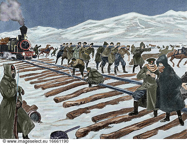 Russisch-Japanischer Krieg (1904-1905). Bau einer Eisenbahnlinie über das Eis des Baikalsees. Kupferstich. Koloriert.