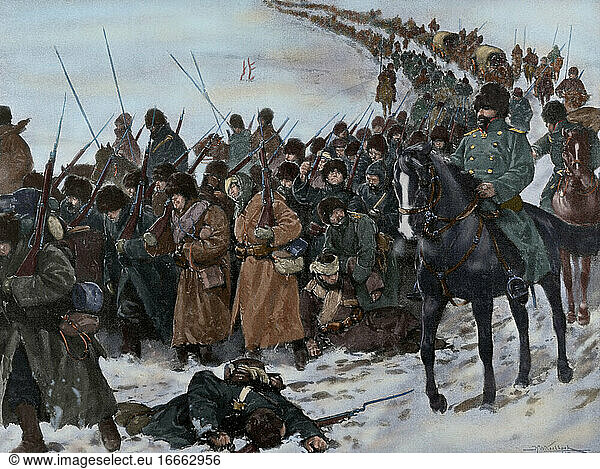 Russisch-Japanischer Krieg (1904-1905). Kolonne japanischer Soldaten  die unter der Kälte und Müdigkeit des Kampfes marschieren. Kupferstich. Koloriert.