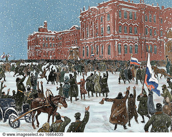 Russisch-Japanischer Krieg (1904-1905). Patriotische Demonstration vor dem Winterpalast. Sankt Petersburg. Russland. Kupferstich. Koloriert.