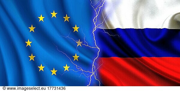 Russland vs. Europäische Union  Konzept der Länderkonfrontation  Flagge der Europäischen Union vs. russische Flagge  Konzept des Interessenkonflikts