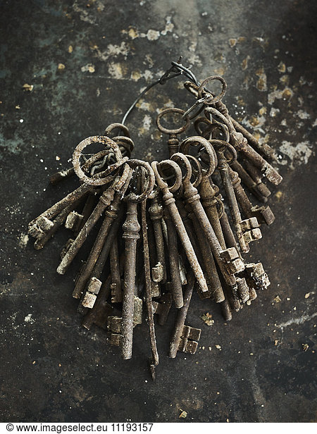 Rusted old-fashioned keys on ring