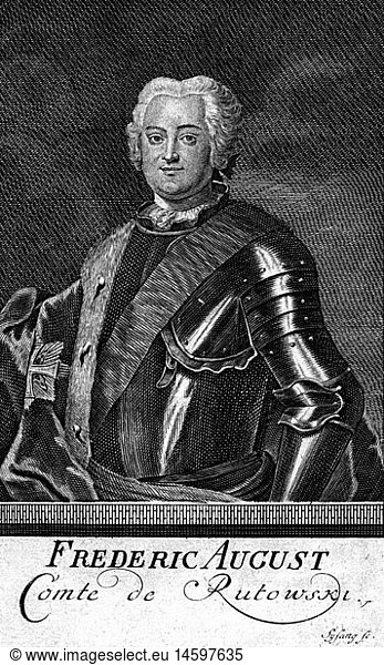 Rutowsky  Frederick Augustus  19.6.1702 - 16.3.1764  Saxon general  half length  copper engraving by Sysang  18th century