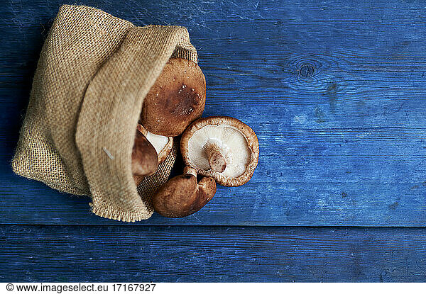 Sack of brown shitake mushrooms lying on blue wooden surface
