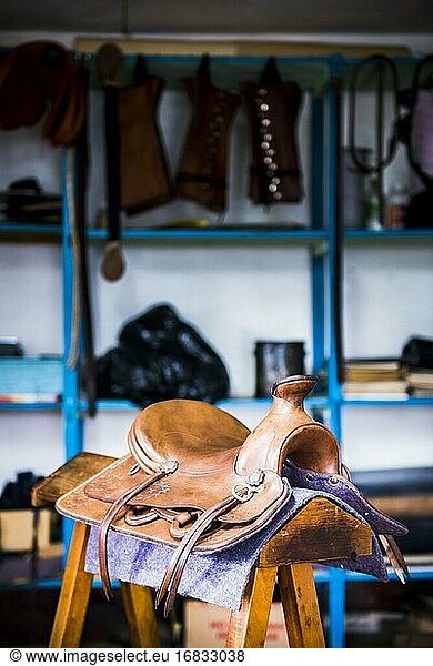 Saddle at the saddle makers shop  Zuleta community  Imbabura  Ecuador  South America