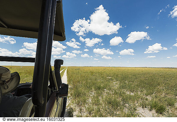 Safari-Fahrzeug auf unbefestigter Straße  Botswana