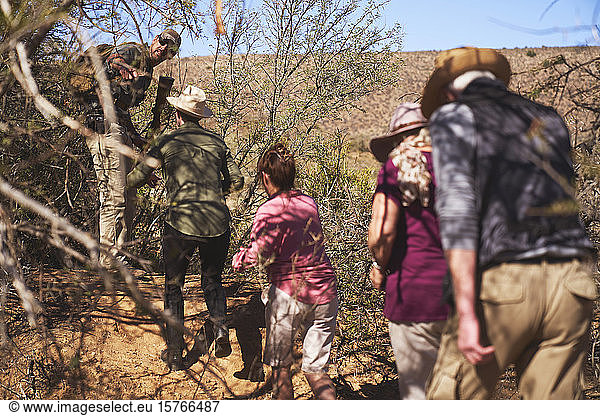 Safaritour-Gruppe geht durch Bäume