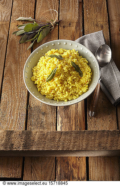 Saffron risotto with sage leaves
