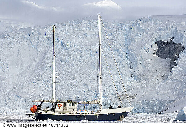 sailboat in glacial waters along the western Antarctic peninsula  Antarctica  Southern Ocean
