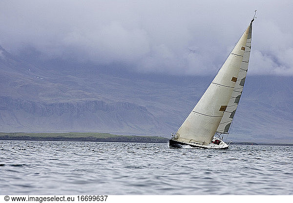 Sailboat tipping in wind in Iceland