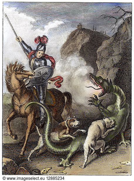 SAINT GEORGE & THE DRAGON. Saint George and the Dragon. Colored engraving  German  19th century.