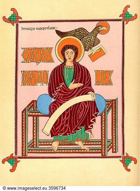 Saint John the Evangelist after the Lindisarne Gospel c 700 From the book Short History of the English People by J R Green  published London 1893