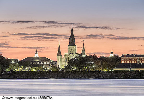 Saint Louis Cathedral from across the Mississippi River at sunset  New Orleans  Louisiana  United States