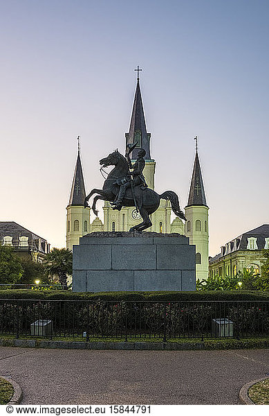 Saint Louis Cathedral on Jackson Square in the French Quarter at dusk  New Orleans  Louisiana  United States