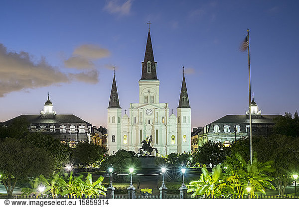 Saint Louis Cathedral on Jackson Square in the French Quarter at dusk  New Orleans  Louisiana  United States