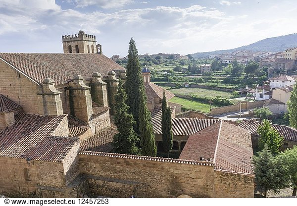 Saint Mary church from above in Mora de Rubielos village in Teruel Aragon Spain.