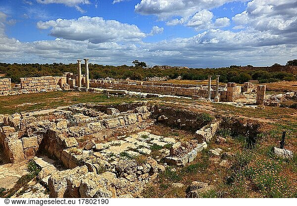 Salamis  griechisch Salamina  lateinisch Constantia  ist ein eisenzeitliches Stadtkönigreich und eine antike Stadt an der Mündung des Pediaios im Osten der Mittelmeerinsel Zypern  etwa 6 km noerdlich des heutigen Famagusta  MarktGebäude  Nordzypern