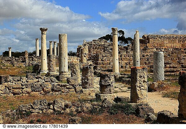 Salamis  griechisch Salamina  lateinisch Constantia  ist ein eisenzeitliches Stadtkönigreich und eine antike Stadt an der Mündung des Pediaios im Osten der Mittelmeerinsel Zypern  etwa 6 km noerdlich des heutigen Famagusta  Säulengang bei der Therme  Nordzypern