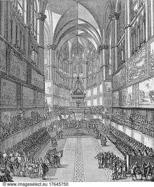 Salbung von König Ludwig XIV in der Kathedrale Reims  Navarra  digital restaurierte Reproduktion einer Originalvorlage 19. Jahrhert  Frankreich  Louis XIV  5. September 1638  1. September 1715  war ein französischer Prinz aus dem Haus Bourbon und von 1643 bis zu seinem Tod König von Frankreich