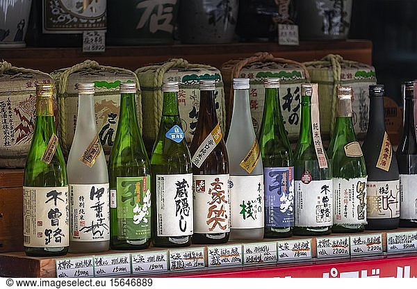 Sale of various bottles of sake  Nagiso  Kiso Valley  Nagano  Japan  Asia