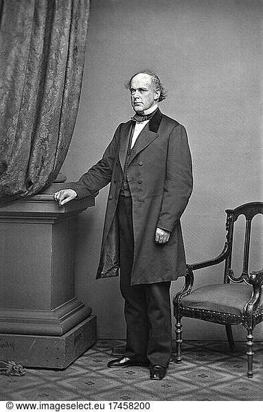 Salmon P. Chase (1808-1873)  American Politician and Jurist  served as Ohio Governor and Senator  sixth U.S. Chief Justice  as well as US. Secretary of the Treasury  one of a few U.S. Politicians to serve in all three branches of Federal Government  full-length Portrait  Mathew Brady Studio  1860's
