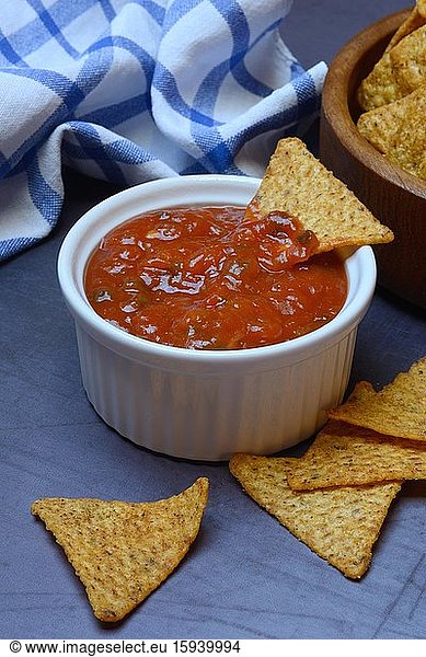 Salsa sauce in shell and tortilla chips  food photography  studio shot  Germany  Europe