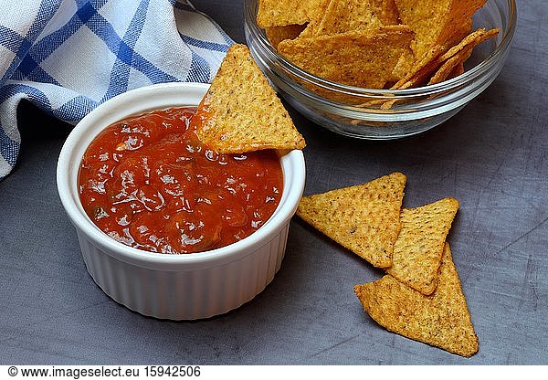 Salsa sauce in shell and tortilla chips  food photography  studio shot  Germany  Europe