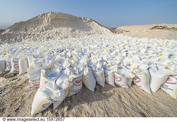 Salt bags in the salt mine of Lake Afrera (Lake Afdera)  Danakil Depression  Afar Region  Ethiopia  Africa