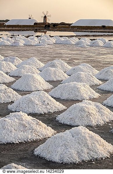 Saltworks  canal  Saline of Trapani  salt  piles of salt  nature reserve  Stagnone of Marsala  Sicily  Italy  Europe