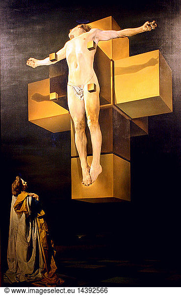 Salvador Dali. Spanish  1904-1989. Crucifixion (Corpus Hypercubus)  1954. Oil on canvas. Dali fused his interests in Catholicism  mathematics and science to create this new interpretation of an oft-depicted subject. Levitating before a hypercube - a g