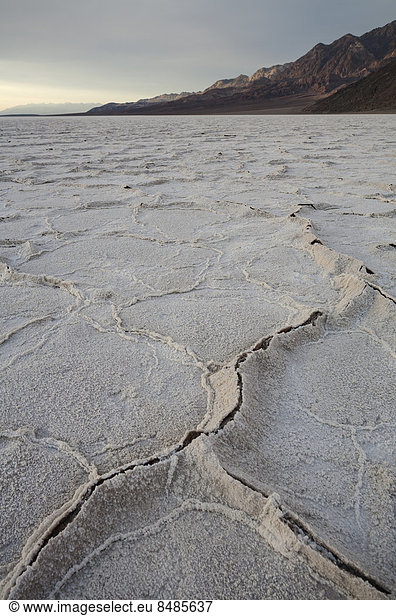 Salzkruste in der Senke Badwater Basin  Salztonebene im Death Valley  tiefster Punkt in Nordamerika  Death-Valley-Nationalpark  Kalifornien  USA
