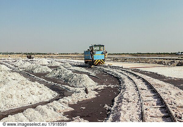 SAMBHAR  INDIA  NOVEMBER 19  2012: Small train at salt mine at lake Sambhar  Rajasthan  India. Sambhar Salt Lake is India's largest inland salt lake