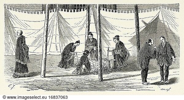 Sammlung von Resten nach der Beerdigungszeremonie  Japan. Alte gestochene Illustration aus dem 19. Jahrhundert Reise nach Japan von Aime Humbert aus El Mundo en La Mano 1879.